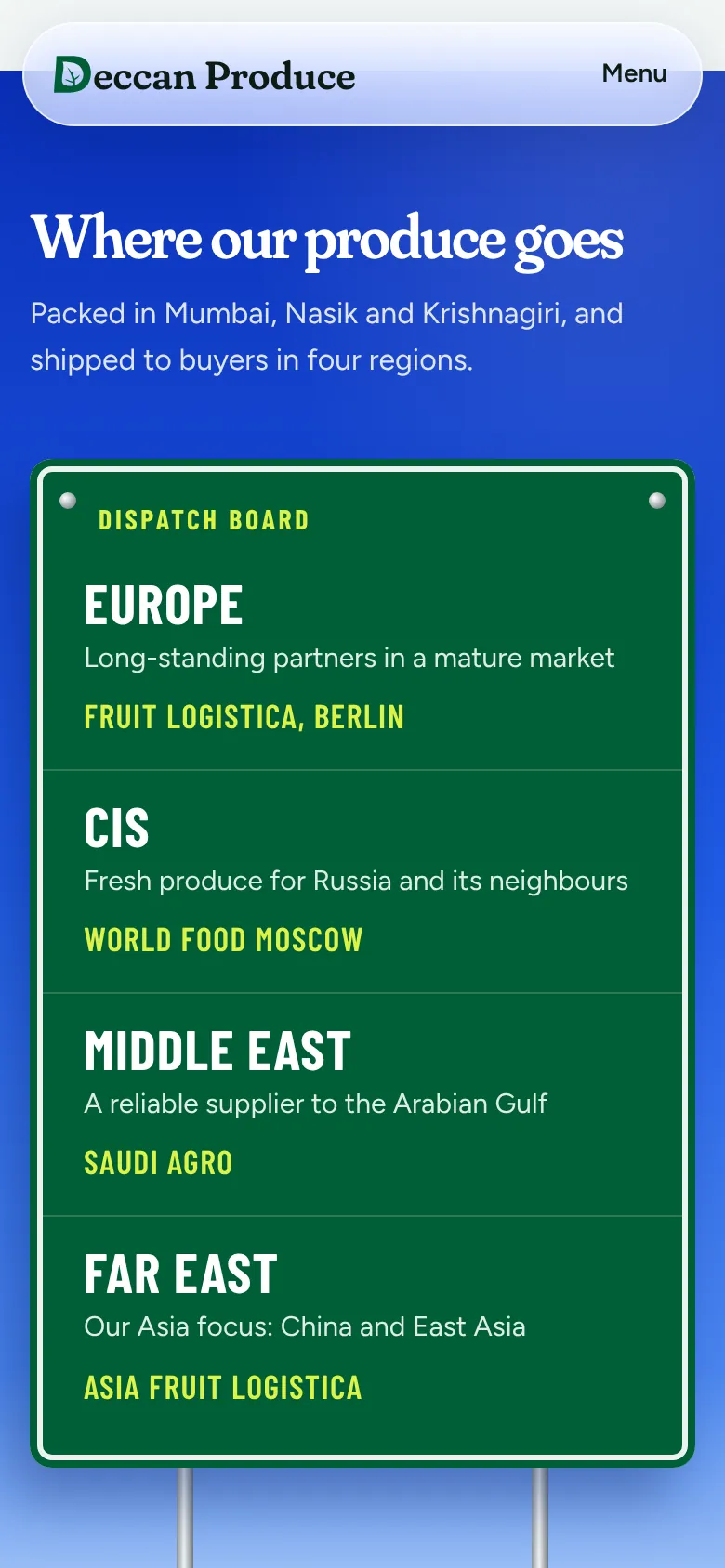 The dispatch board listing Europe, CIS, Middle East and Far East on a phone