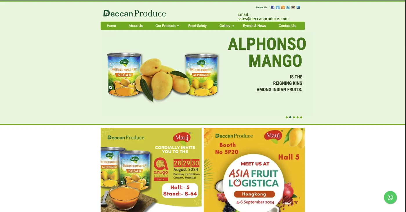 The old Deccan Produce home page: a green menu bar, a mango pulp slider and event posters