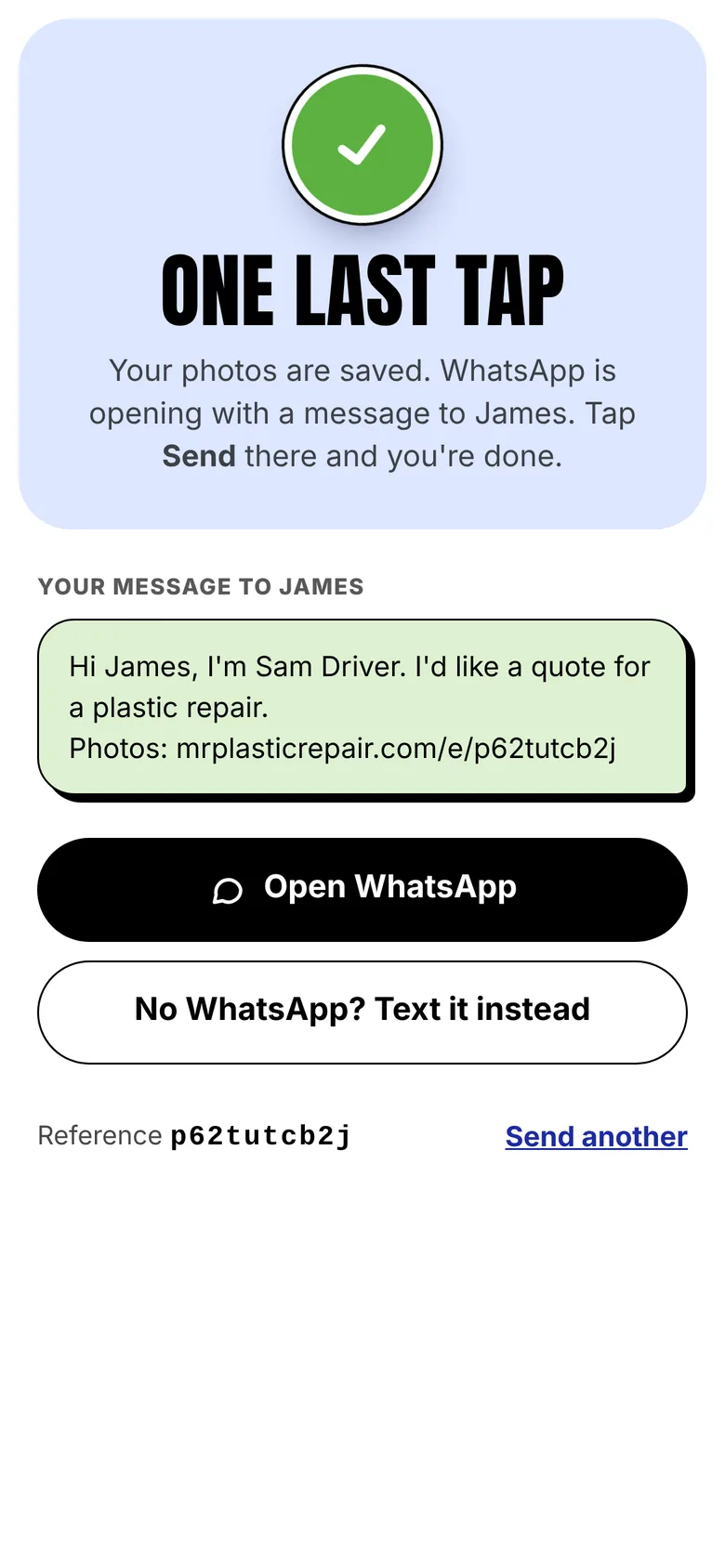 One last tap screen showing the ready-made WhatsApp message to James