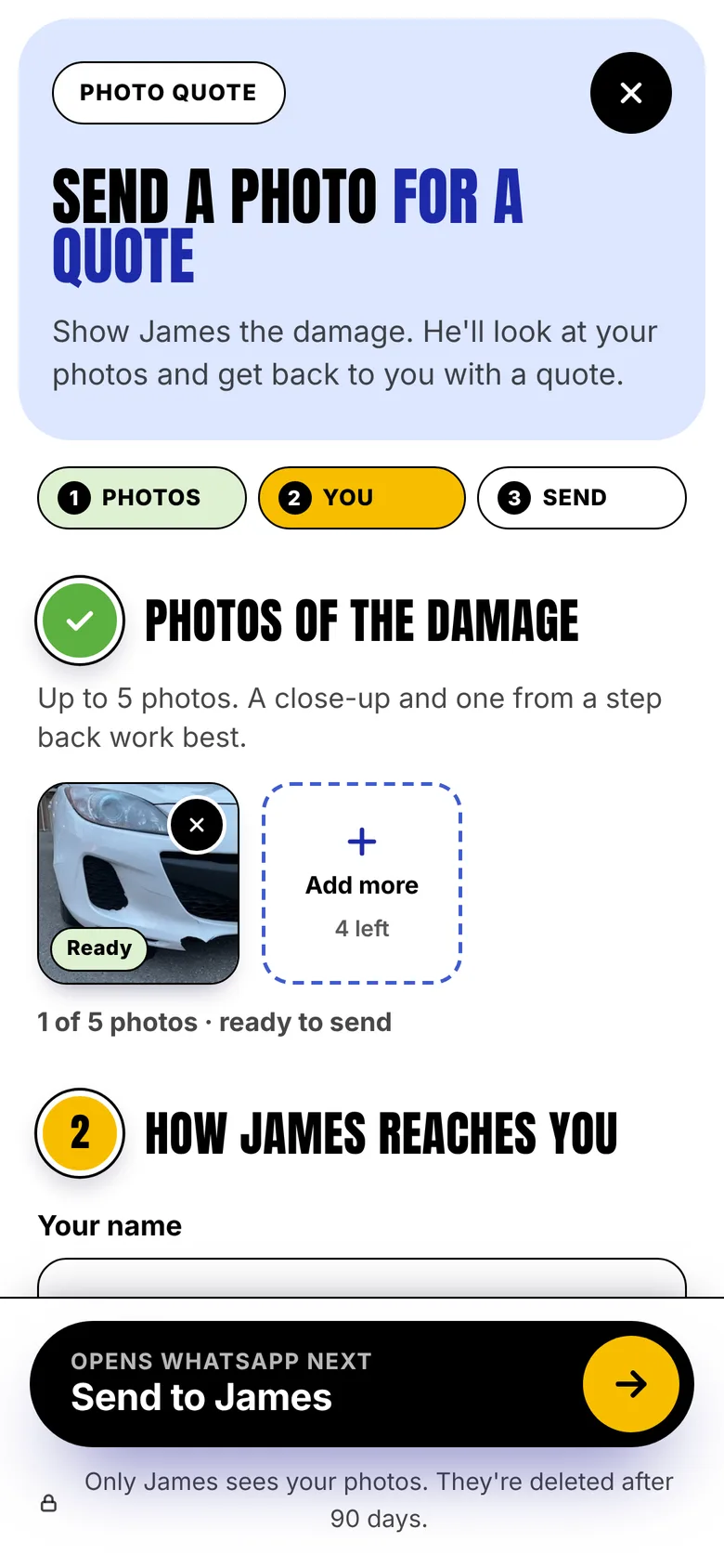 Quote form with one photo added and the Send to James button