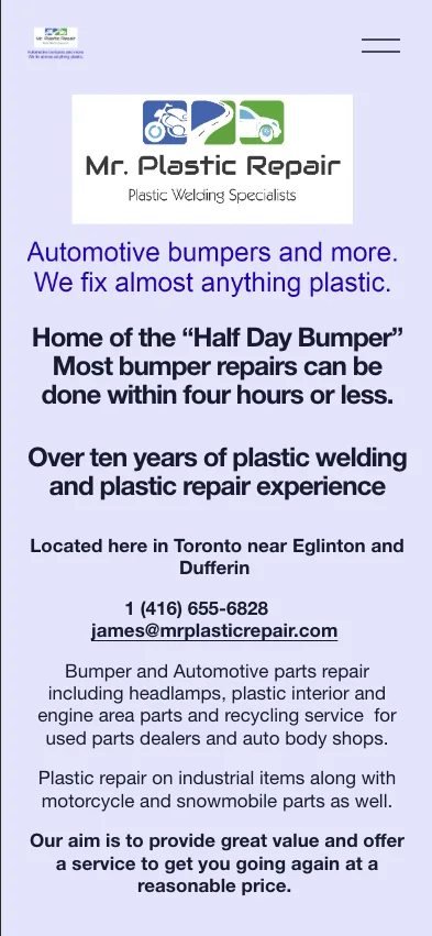 The old homepage on a phone: centred text, with the phone number and email as plain text halfway down